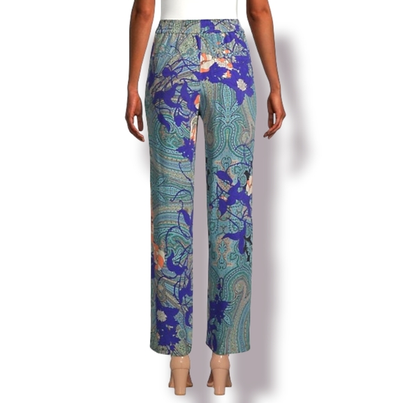 Kobi Halperin Arlene Floral Paisley Blue Green Designer Wide Leg Artsy Pants, XL - Picture 7 of 8